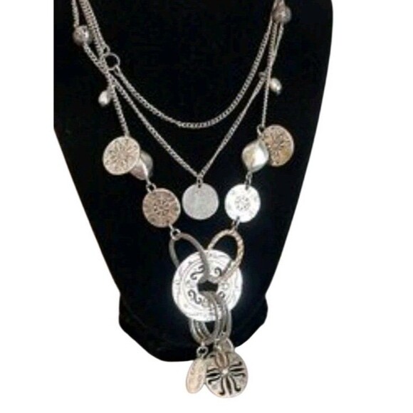 Macy's Eclectic Ethnic Design Multi Layer Disc Silver Tone Rhinestone Necklace - Picture 2 of 6